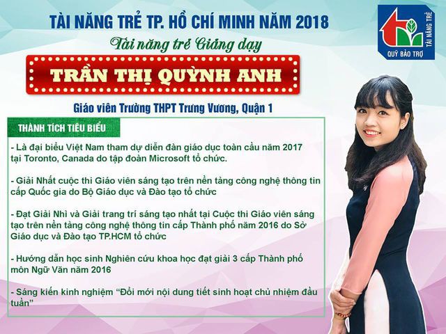 Cô giáo Trần Thị Quỳnh Anh là gương mặt Tài năng trẻ TPHCM 2018. Cô được mệnh danh là cô giáo của những ý tưởng và sáng tạo.
