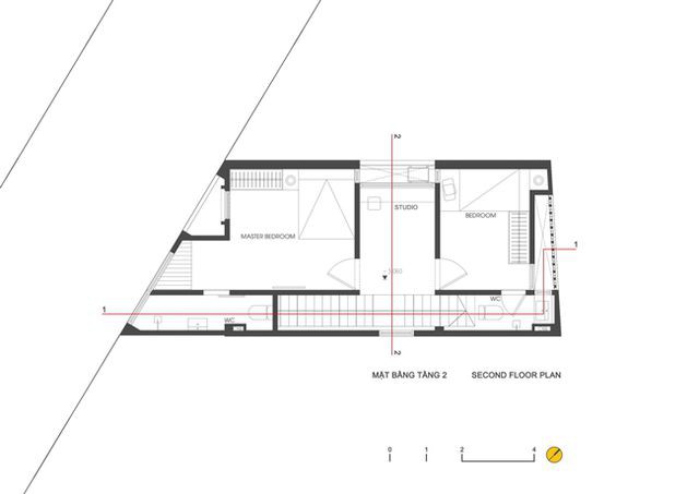 
Bản vẽ mặt bằng tầng 2. Căn nhà được tạp chí kiến trúc ArchDaily đánh giá cao bởi thiết kế không gian sống thoải mái, rộng rãi trên một mảnh đất “khó”.
