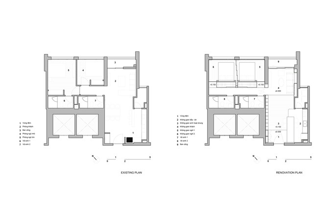 Căn hộ nguyên thủy có nhiều vách ngăn khiến không gian bị chia nhỏ và tạo cảm giác chật chội. Nhóm kiến trúc sư đề xuất phá bỏ một số bức tường, phân chia không gian chức năng mới bằng hệ thống tủ, cửa lùa, vật liệu và cao độ sàn.