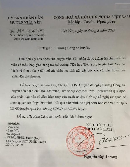 
Công văn của UBND huyện Việt Yên gửi trưởng công an huyện về sự việc. Ảnh: Q.Q. 
