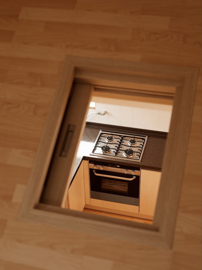 Quang cảnh nhà bếp nhìn từ phòng ngủ tầng trên.