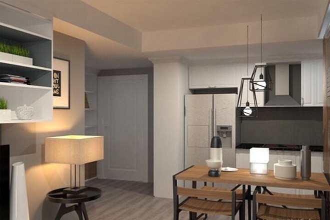 Khu bàn ăn, bếp nhỏ gọn.