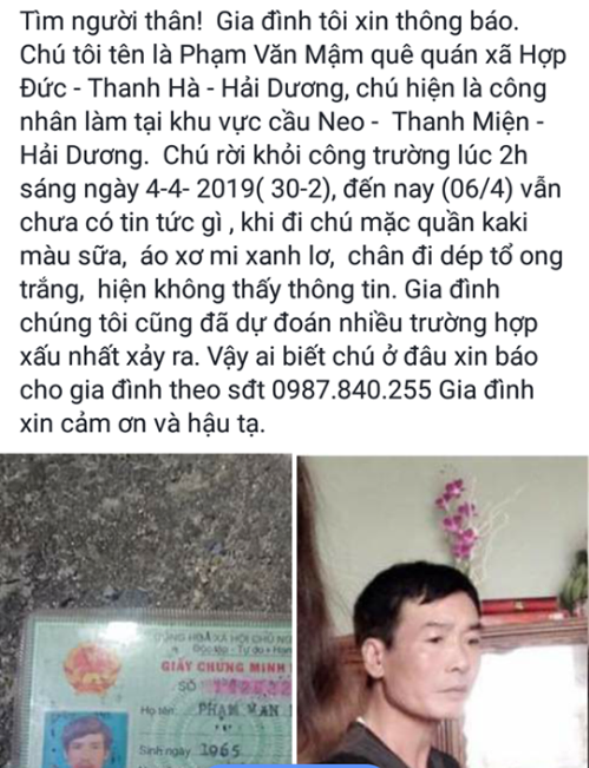 Thông tin tìm ông Mậm được người thân đưa lên mạng xã hội nhờ tìm kiếm 10 ngày trước. Ảnh: Đ.Tùy