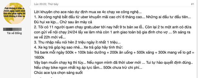 
Lời tâm sự trên diễn đàn tài xế công nghệ.
