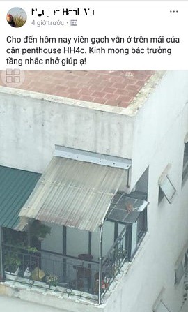 
Hình ảnh viên gạch trên nóc của một chuồng cọp tại chung cư HH Linh Đàm khiến nhiều người lo sợ.
