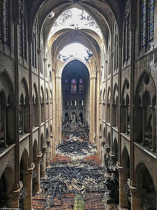 
Hiện trường sau vụ hỏa hoạn tại Nhà thờ Đức Bà.
