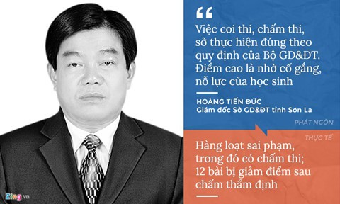 Ông Hoàng Tiến Đức - Giám đốc Sở GD&ĐT Sơn La - trả lời báo chí trước và sau khi gian lận thi cử bị phát hiện. Tuy nhiên, sau khi cơ quan công an điều tra và kết luật, con số thí sinh Sơn La liên quan gian lận lên đến 44 người. Đồ họa: P.N.