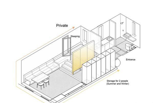 
Bản thiết kế căn hộ 50m2 gồm các khu vực riêng là phòng ngủ và khu vực chung như phòng khách.

