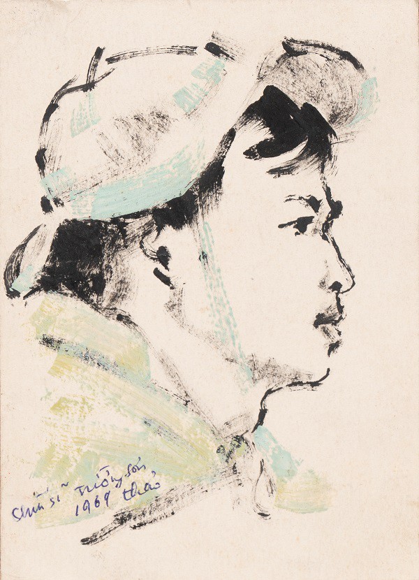 
Chiến sỹ Trường Sơn 3, 1969 - Màu nước trên giấy, 13,5 x 10 cm – Họa sĩ Chu Thảo
