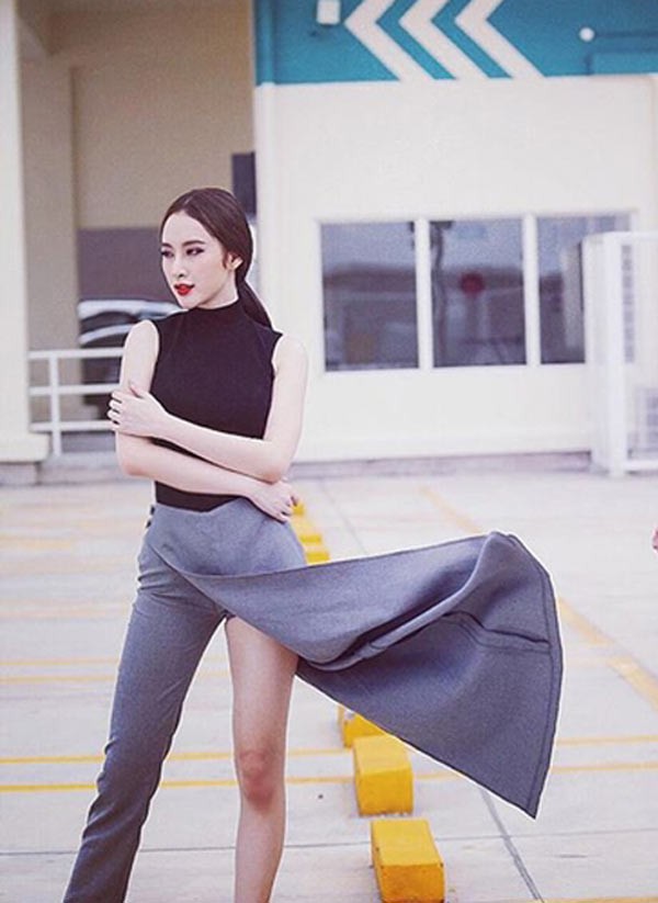 Angela Phương Trinh cũng từng diện những thiết kế quần bất đối xứng, nhưng hướng đến hình ảnh nữ tính thay vì cá tính như Hương Giang Idol.