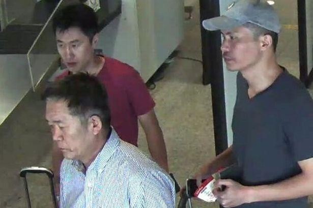 Các nghi can Triều Tiên trong nghi án Kim Jong Nam, bao gồm Ri Jae Nam, tức Hanamori (phía trước bên trái), Hong Song Hac (phía sau bên trái) and Ri Ji Hyun, tức Mr. Y (phải). Ảnh: Reuters.