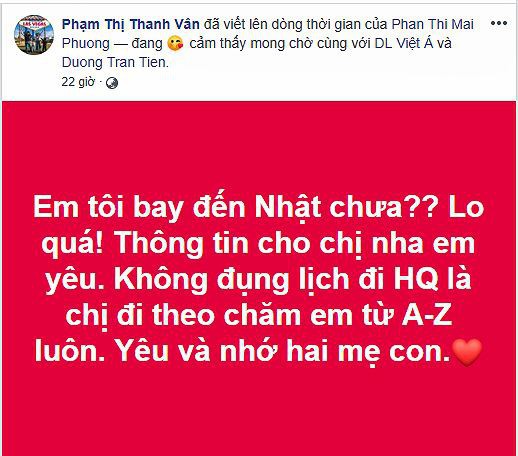 Từ khi bị bệnh, Mai Phương luôn luôn nhận được nhiều tình cảm cũng như sự quan tâm của bạn bè, đồng nghiệp và người hâm mộ, đặc biệt là bạn thân Ốc Thanh Vân. Do đó người hâm mộ hi vọng rằng với nghị lực, tinh thần lạc quan cùng sự quan tâm, giúp đỡ từ tất cả mọi người, Mai Phương sẽ chiến thắng được bệnh tật và sớm bình phục trở lại (Ảnh: FBNV).