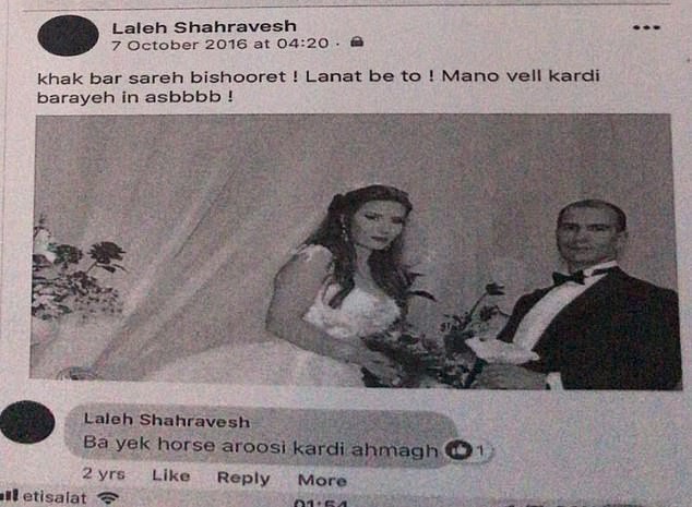 
Khi Laleh nhìn thấy tấm hình cưới của ông Pedro và vợ mới trên mạng xã hội Facebook vào tháng 10 năm 2016, cô đã đưa ra 2 bình luận với nội dung mỉa mai rằng Samah là con ngựa, còn chồng cũ là tên ngốc.

