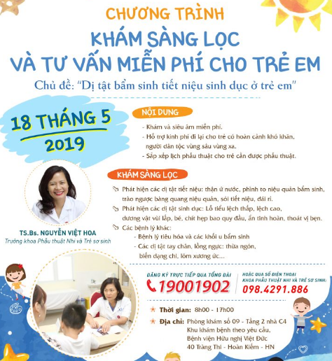 
Chương trình siêu âm, khám miễn phí các bệnh về tiết niệu, sinh dục cho trẻ em.
