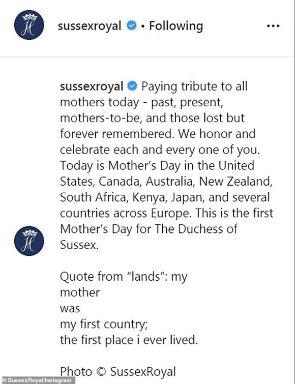 Thông điệp về Ngày của Mẹ của vợ chồng Meghan được viết trên Instagram.