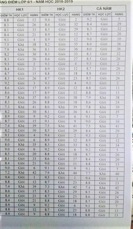 Bảng điểm nhiều 8, 9 v&agrave; xếp học lực giỏi của một trường THCS tại Đồng Nai. Ảnh: NVCC.