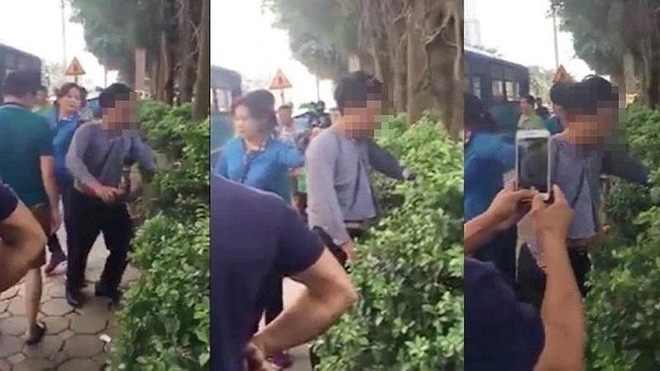 Nhân viên xe buýt và người dân đưa người đàn ông nghi sàm sờ phụ nữ về công an huyện Thanh Oai. Ảnh cắt từ clip