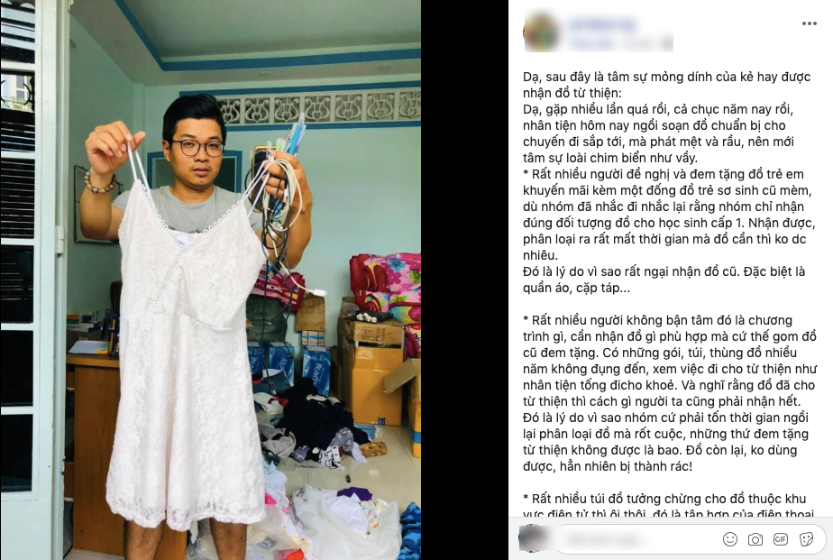  Dòng than thở của tài khoản Lê Minh Hạ sau khi ngồi soạn đống đồ từ thiện. Ảnh chụp màn hình 