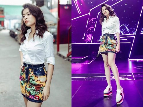 Một phong cách trẻ trung, cô diện chân váy họa tiết nhiệt đới, áo sơ mi trắng thanh lịch và đôi giày thể thao Gucci đế bánh mỳ - giúp ăn gian chiều cao hiệu quả.