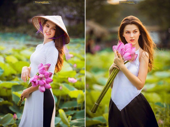 Cùng chụp ảnh sen nhưng hình ảnh cô gái Ukraina trong trang phục truyền thống Việt Nam lại nhận được nhiều lời khen ngợi.