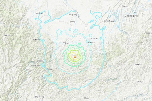 Vị trí xảy ra động đất ở Tứ Xuyên đêm 17/6. Ảnh: USGS.