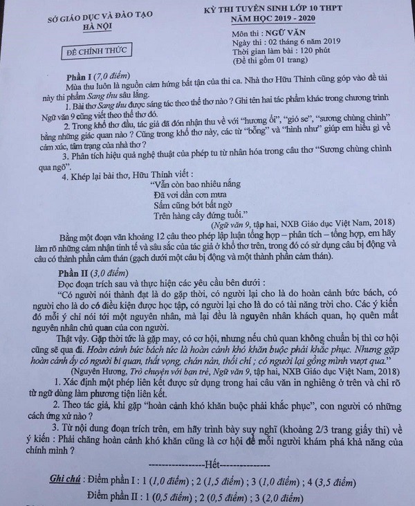 Đề thi môn Ngữ văn vào lớp 10 THPT tại Hà Nội năm học 2019 - 2020.