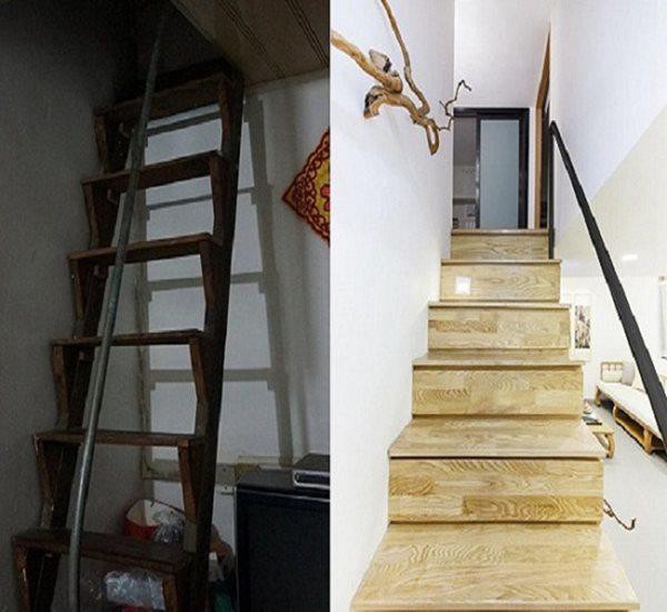 
Cầu thang được thiết kế giảm độ dốc làm hoàn toàn bằng gỗ, mỗi bậc thang được sử dụng làm ngăn tủ để đồ.
