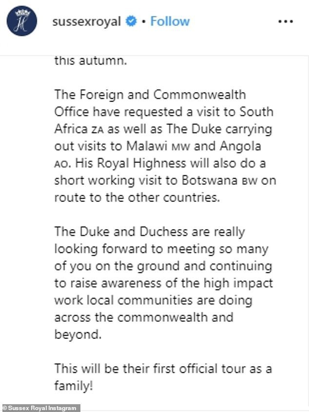 Thông báo chính thức trên tài khoản Instagram của vợ chồng Hoàng tử Harry - Meghan.