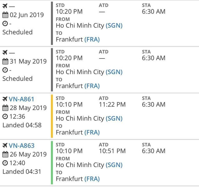 
Kế hoạch hạ cánh của chuyến bay VN279 đến Hà Nội và chuyến bay VN031 từ TP.HCM đến Frankfurt (Đức) cho thấy dù có nối chuyến thì hành khách này cũng mặc nhiên trễ.
