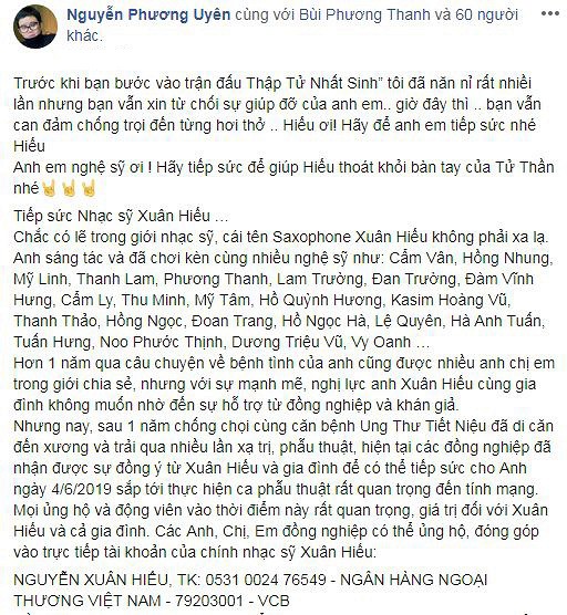 Nhạc sĩ Phương Uyên kêu gọi ủng hộ người đồng nghiệp trên trang cá nhân