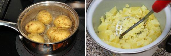 Bước 2: Cho 2 lòng đỏ trứng gà vào khoai đã nghiền, cho thêm xíu muối và tiêu xay vào đánh đều cho đến khi hỗn hợp quyện lại với nhau. Cho tiếp 50ml sữa tươi, 30g bột mì vào hỗn hợp trộn đều.