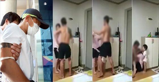 Hình ảnh cắt từ clip cho thấy người chồng họ Kim bạo hành vợ dã man trước mặt con trai nhỏ.
