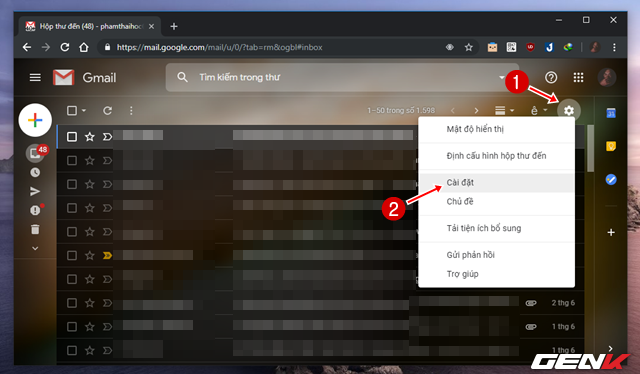 
Trong giao diện quản lý mail của Gmail, bạn hãy nhấp vào biểu tượng hình bánh răng và nhấp vào Cài đặt.
