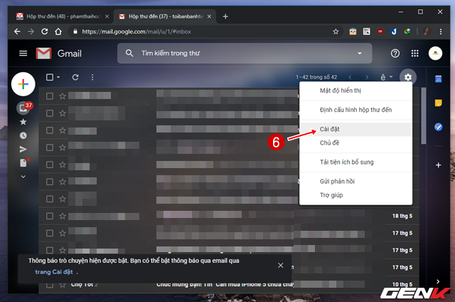 
Bước 3: Giờ bạn hãy truy cập vào hộp thư Gmail mới và bạn hãy nhấp vào biểu tượng hình bánh răng, chọn Cài đặt.

