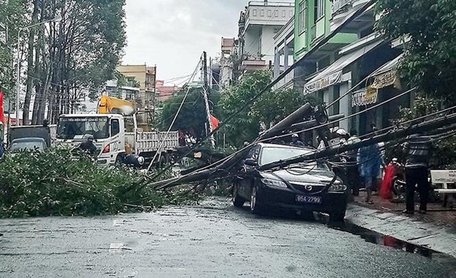 Cột điện gãy đè trúng xe đưa đón Bí thư Thành ủy Vị Thanh - Ảnh 1. Cột điện gãy đè trúng xe đưa đón Bí thư Thành ủy Vị Thanh - Ảnh 1.