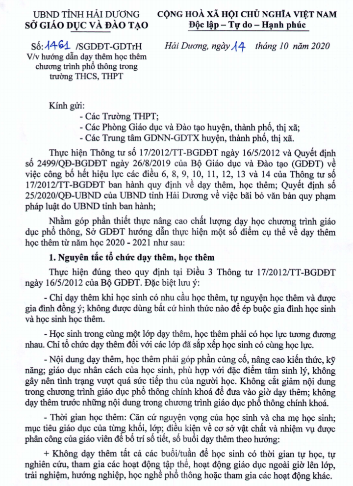 Việc học th&ecirc;m dạy th&ecirc;m đối với học sinh cấp 2, cấp 3 ở Hải Dương được quy định thế n&agrave;o? - Ảnh 1.