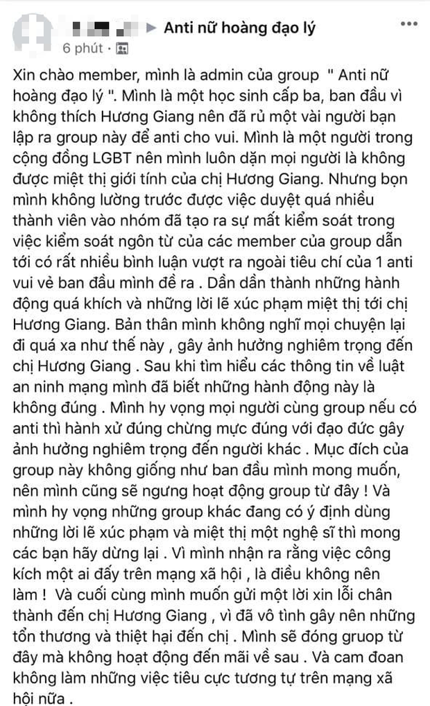 Admin group anti Hương Giang chính thức lên tiếng, gửi lời xin lỗi chân thành và tuyên bố sẽ đóng group - Ảnh 2.