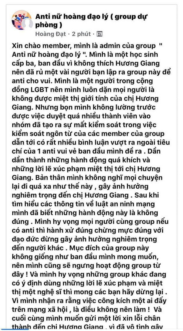 Admin group anti Hương Giang chính thức lên tiếng, gửi lời xin lỗi chân thành và tuyên bố sẽ đóng group - Ảnh 3.