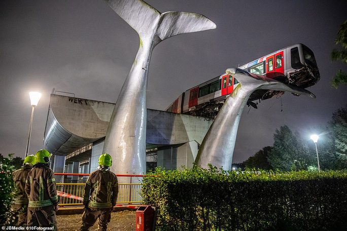 Tàu metro lao qua rào chắn, nằm vắt vẻo trên đuôi cá voi - Ảnh 1. Tàu metro lao qua rào chắn, nằm vắt vẻo trên đuôi cá voi - Ảnh 1.
