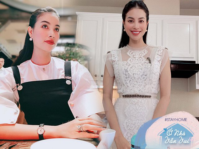 Toàn mặc đơn giản ở nhà, Phạm Hương nay chỉ vào bếp cũng chọn váy, đeo bông tai điệu đà T - Ảnh 1.