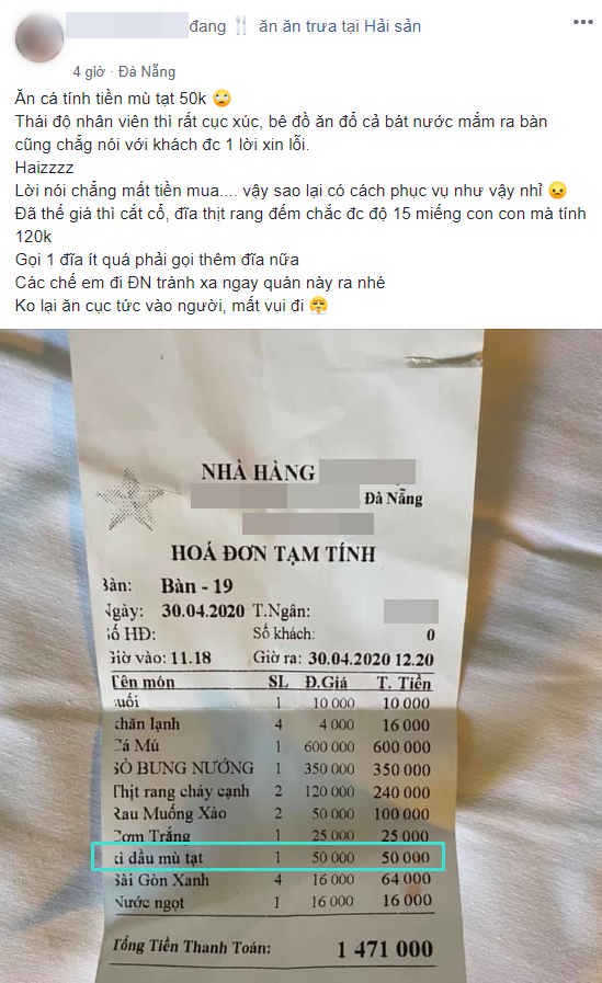 Ăn trưa tại nhà hàng hải sản ở Đà Nẵng, khách giật mình nhìn hóa đơn gần triệu rưỡi bị tính phí 50 nghìn tiền xì dầu, mù tạt khiến nhiều người tranh cãi - Ảnh 1.