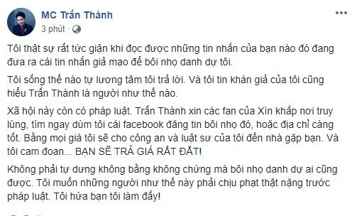 Vừa bị tung tin bôi nhọ dùng chất cấm, Trấn Thành phẫn nộ đáp trả: “Tôi cam đoan bạn sẽ phải trả giá rất đắt!” - Ảnh 1.