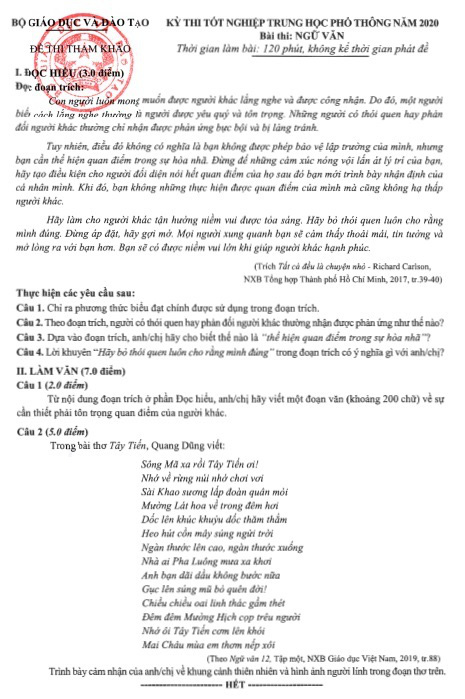 Đề thi tham khảo môn Ngữ văn tốt nghiệp THPT tương đối “nhẹ nhàng” - Ảnh 2.