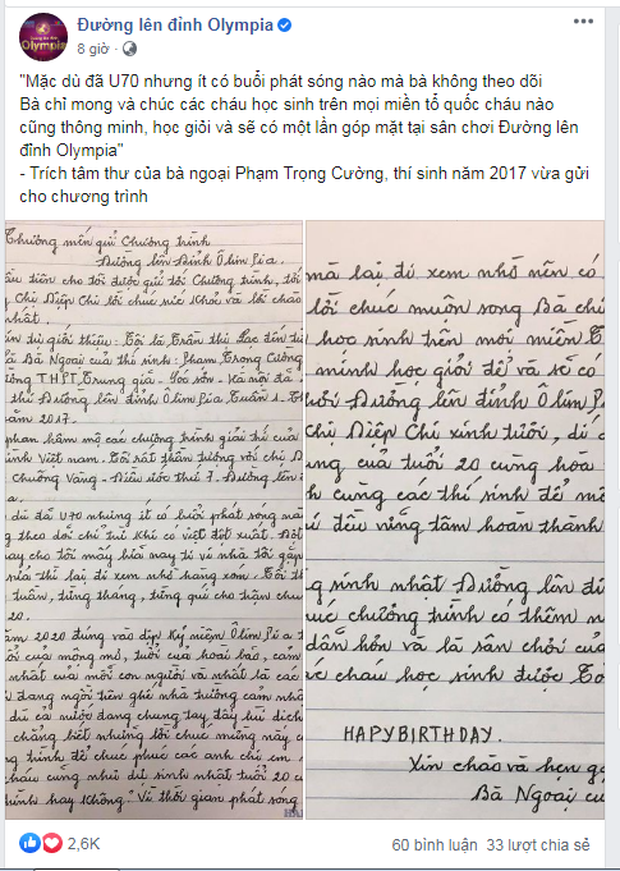 Bức thư tay của cụ bà gửi Đường Lên Đỉnh Olympia: Là fan cứng của chương trình, bà ngoại của cựu thí sinh - Ảnh 2.