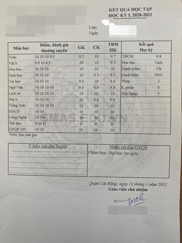 Bảng điểm học kỳ đẹp như mơ toàn 9 với 10 nhưng dân mạng soi ra chi tiết “bất thường” - Ảnh 1.