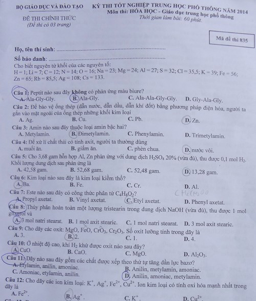 Đề thi môn Hóa học vừa sức với thí sinh 1