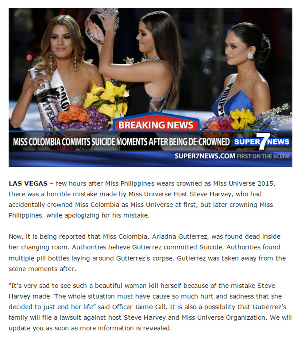 Trang Super7News đưa tin Hoa hậu Colombia tự sát
