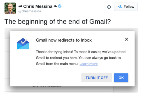 
Một số người dùng nhận được thông báo chuyển từ Gmail sang Inbox.
