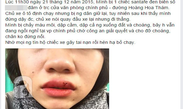 Dòng status đăng tải thông tin cô gái bị tai nạn