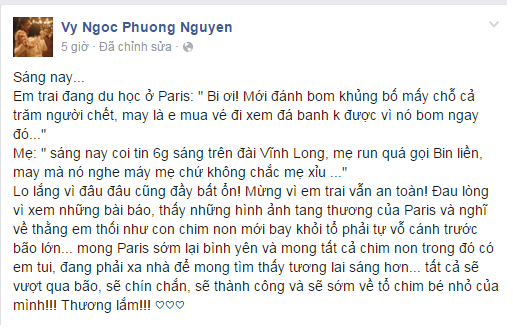 
Chia sẻ của Phương Vy về em trai đang ở Pháp trên Facebook.
